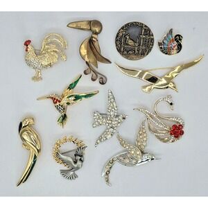 Bird-themed Brooches Lot of 11 Mixed Metal Rooster Rhinestones 2 Signed Sarah LC
